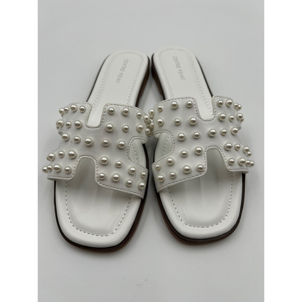 Centro Point Womens Pearl Flat Sandals White H Strap Slide Size 9 C16117-PRL - Picture 2 of 9